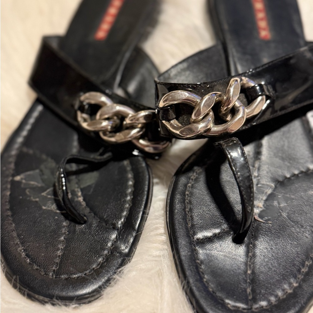 Prada Black Sandals with Silver Chain Accent